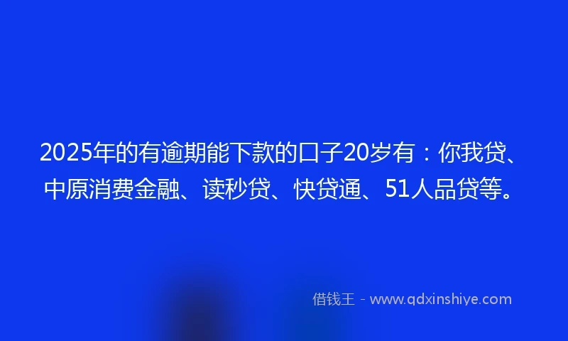 2025年的有逾期能下款的口子20岁有：你我贷、中原消费金融、读秒贷、快贷通、51人品贷等。