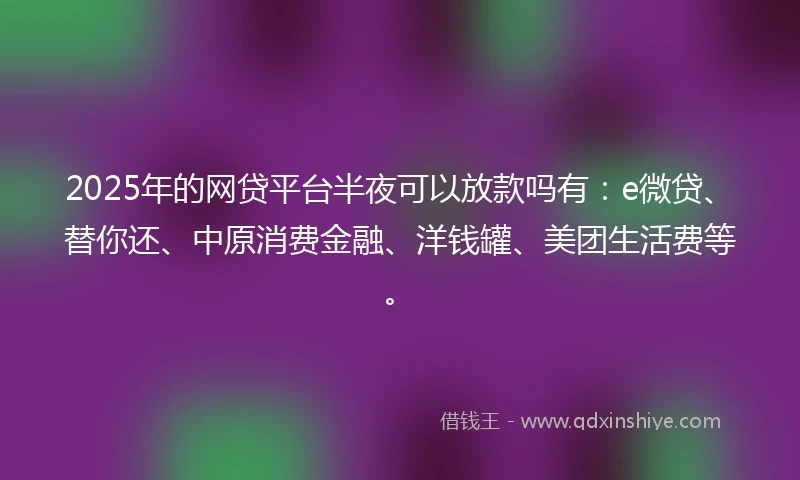 2025年的网贷平台半夜可以放款吗有：e微贷、替你还、中原消费金融、洋钱罐、美团生活费等。