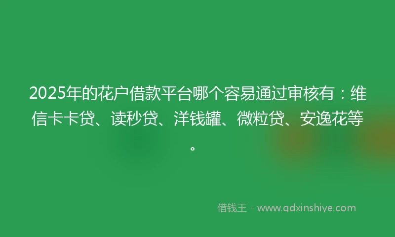 2025年的花户借款平台哪个容易通过审核有：维信卡卡贷、读秒贷、洋钱罐、微粒贷、安逸花等。