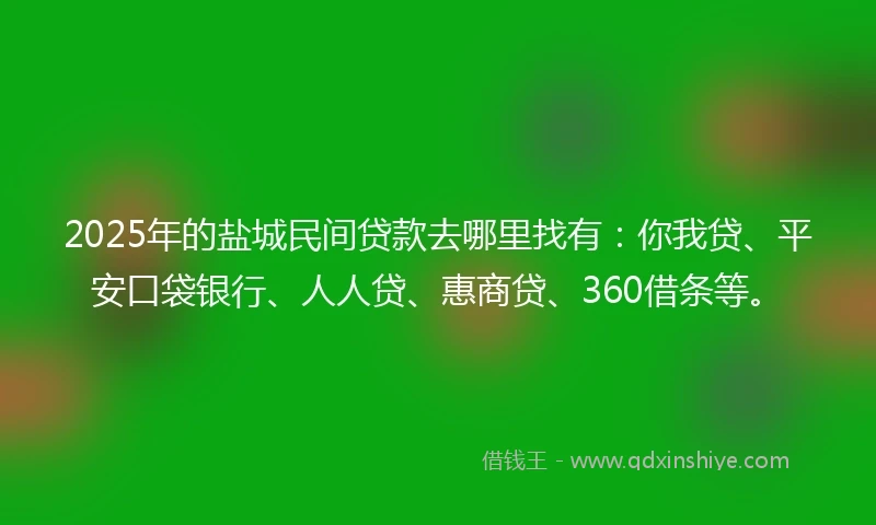 2025年的盐城民间贷款去哪里找有：你我贷、平安口袋银行、人人贷、惠商贷、360借条等。