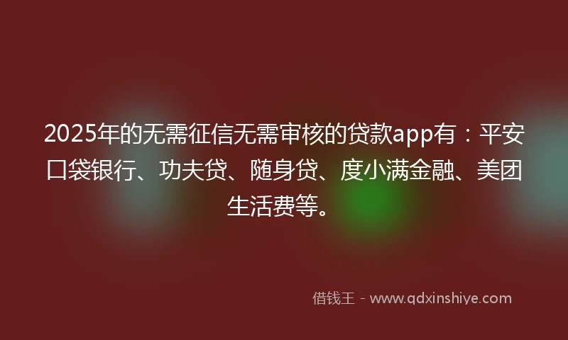 2025年的无需征信无需审核的贷款app有：平安口袋银行、功夫贷、随身贷、度小满金融、美团生活费等。