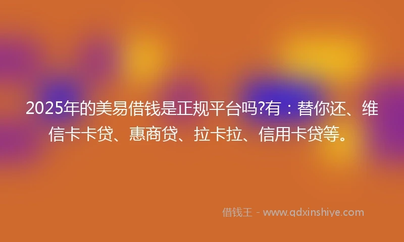 2025年的美易借钱是正规平台吗?有：替你还、维信卡卡贷、惠商贷、拉卡拉、信用卡贷等。
