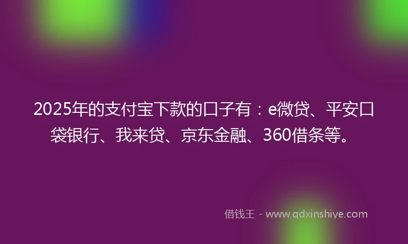 2025年的支付宝下款的口子有：e微贷、平安口袋银行、我来贷、京东金融、360借条等。
