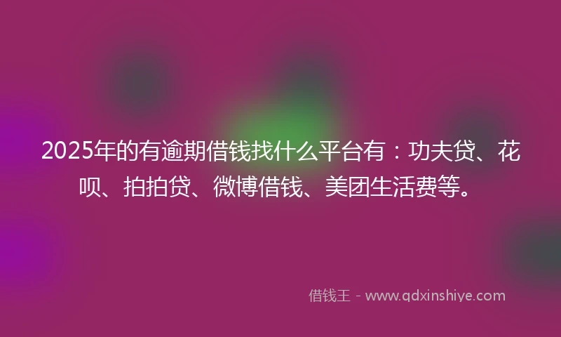 2025年的有逾期借钱找什么平台有:功夫贷、花呗、拍拍贷、微博借钱、美团生活费等。