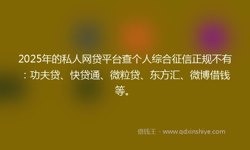 2025年的私人网贷平台查个人综合征信正规不有：功夫贷、快贷通、微粒贷、东方汇、微博借钱等。