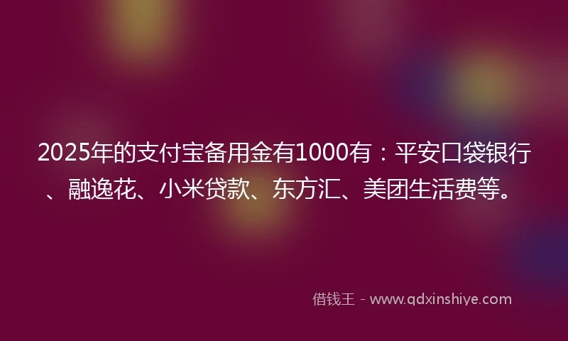 2025年的支付宝备用金有1000有：平安口袋银行、融逸花、小米贷款、东方汇、美团生活费等。