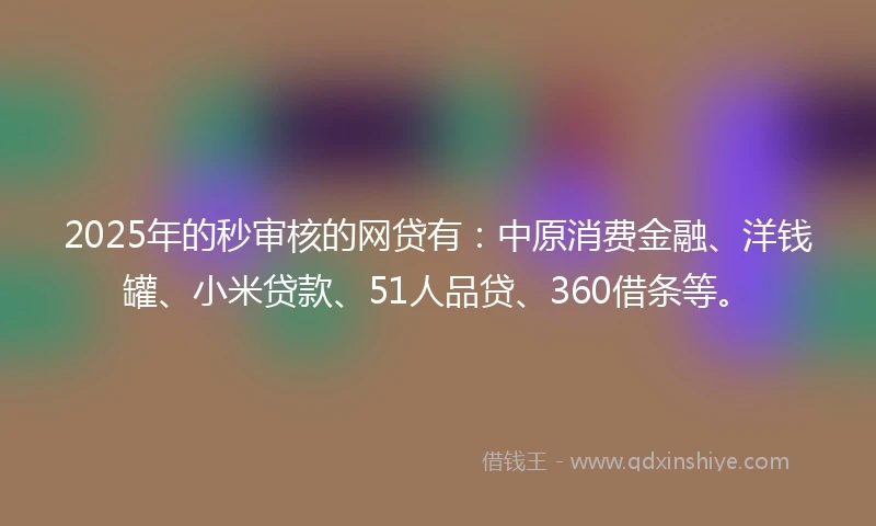 2025年的秒审核的网贷有：中原消费金融、洋钱罐、小米贷款、51人品贷、360借条等。