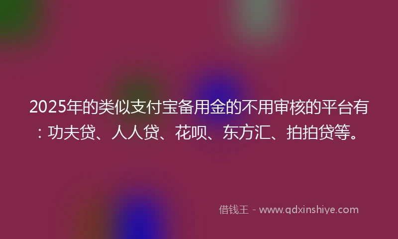 2025年的类似支付宝备用金的不用审核的平台有：功夫贷、人人贷、花呗、东方汇、拍拍贷等。