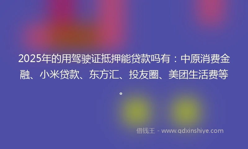 2025年的用驾驶证抵押能贷款吗有：中原消费金融、小米贷款、东方汇、投友圈、美团生活费等。
