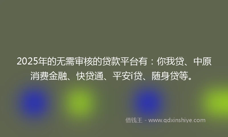 2025年的无需审核的贷款平台有：你我贷、中原消费金融、快贷通、平安i贷、随身贷等。