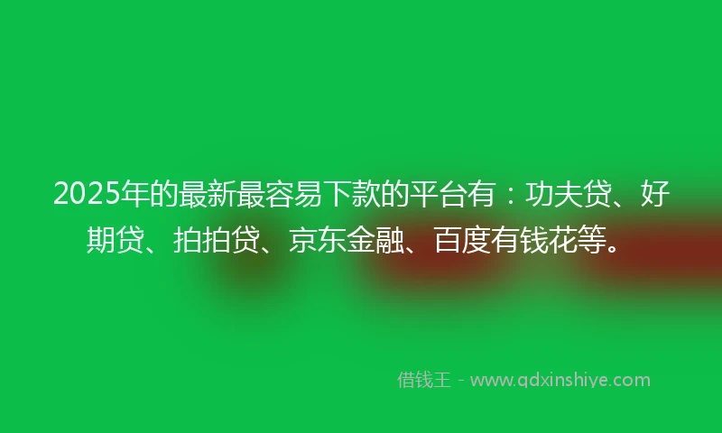 2025年的最新最容易下款的平台有：功夫贷、好期贷、拍拍贷、京东金融、百度有钱花等。