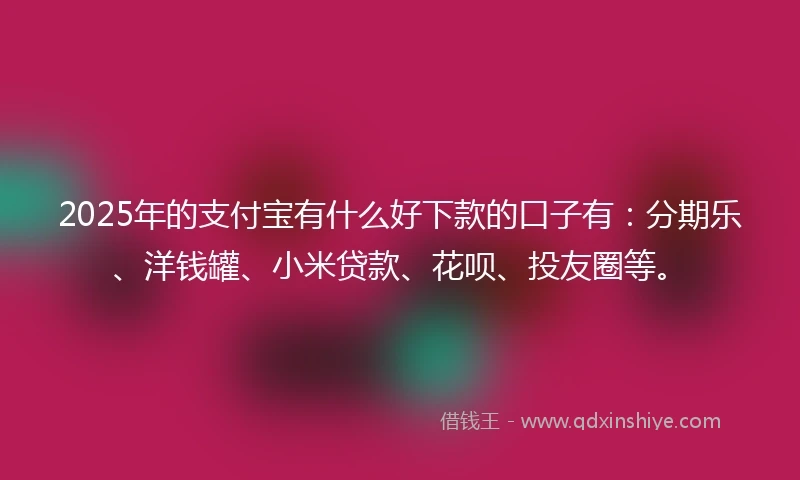 2025年的支付宝有什么好下款的口子有：分期乐、洋钱罐、小米贷款、花呗、投友圈等。