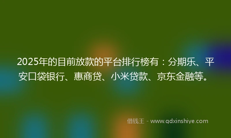 2025年的目前放款的平台排行榜有：分期乐、平安口袋银行、惠商贷、小米贷款、京东金融等。
