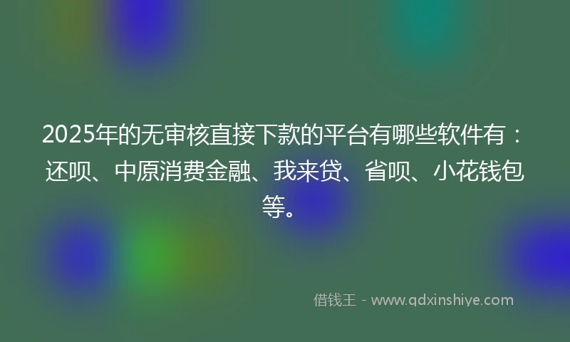 2025年的无审核直接下款的平台有哪些软件有：还呗、中原消费金融、我来贷、省呗、小花钱包等。