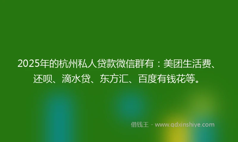 2025年的杭州私人贷款微信群有：美团生活费、还呗、滴水贷、东方汇、百度有钱花等。