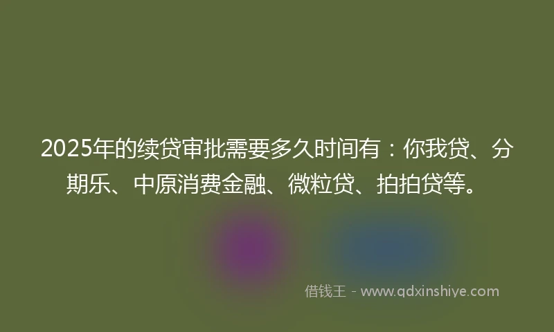 2025年的续贷审批需要多久时间有：你我贷、分期乐、中原消费金融、微粒贷、拍拍贷等。