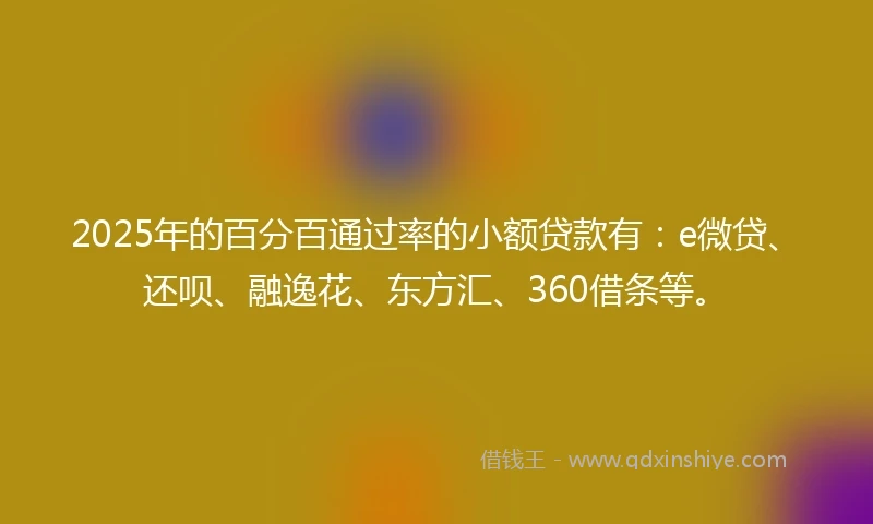 2025年的百分百通过率的小额贷款有：e微贷、还呗、融逸花、东方汇、360借条等。