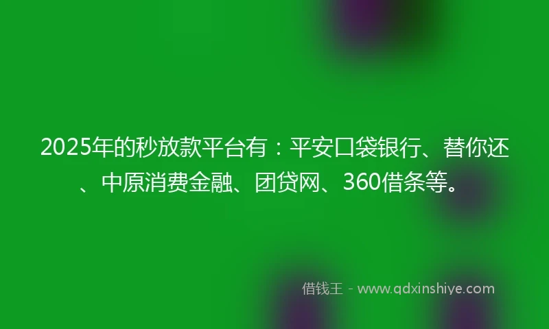 2025年的秒放款平台有：平安口袋银行、替你还、中原消费金融、团贷网、360借条等。