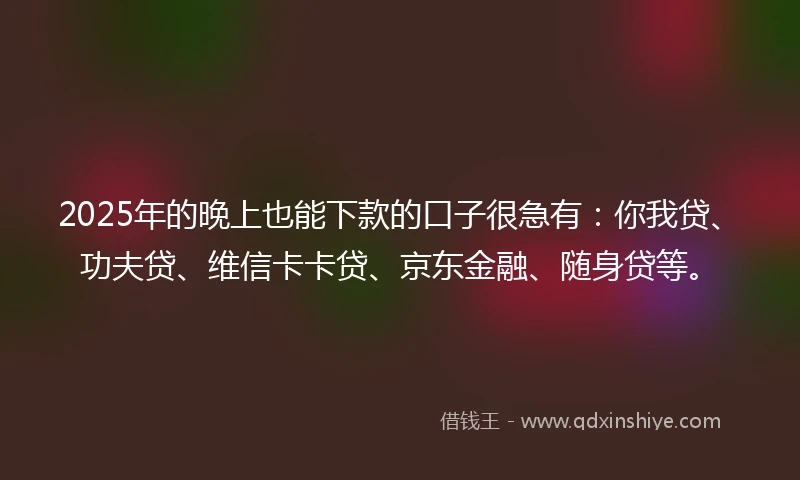 2025年的晚上也能下款的口子很急有：你我贷、功夫贷、维信卡卡贷、京东金融、随身贷等。