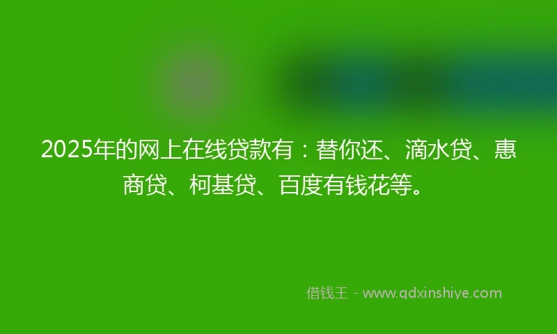 2025年的网上在线贷款有：替你还、滴水贷、惠商贷、柯基贷、百度有钱花等。