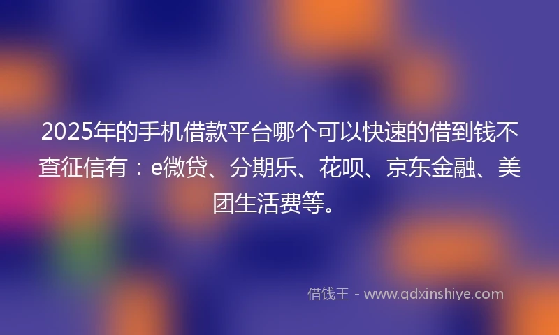 2025年的手机借款平台哪个可以快速的借到钱不查征信有：e微贷、分期乐、花呗、京东金融、美团生活费等。