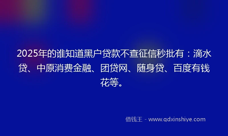 2025年的谁知道黑户贷款不查征信秒批有：滴水贷、中原消费金融、团贷网、随身贷、百度有钱花等。