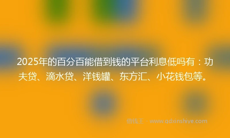 2025年的百分百能借到钱的平台利息低吗有：功夫贷、滴水贷、洋钱罐、东方汇、小花钱包等。