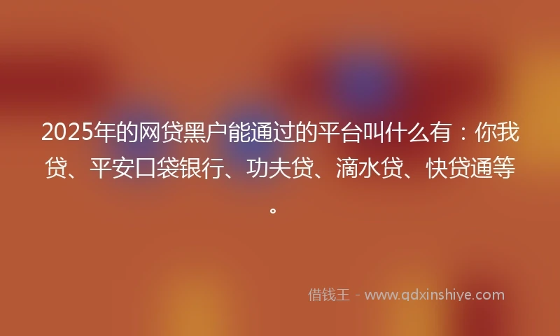 2025年的网贷黑户能通过的平台叫什么有：你我贷、平安口袋银行、功夫贷、滴水贷、快贷通等。