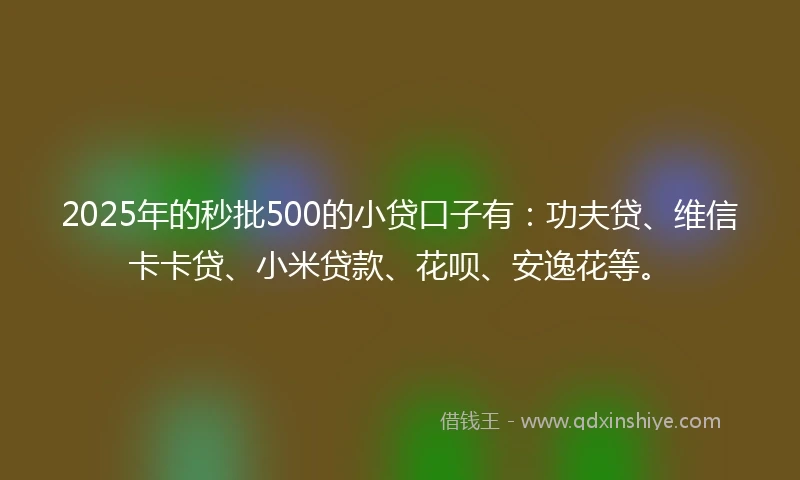 2025年的秒批500的小贷口子有：功夫贷、维信卡卡贷、小米贷款、花呗、安逸花等。