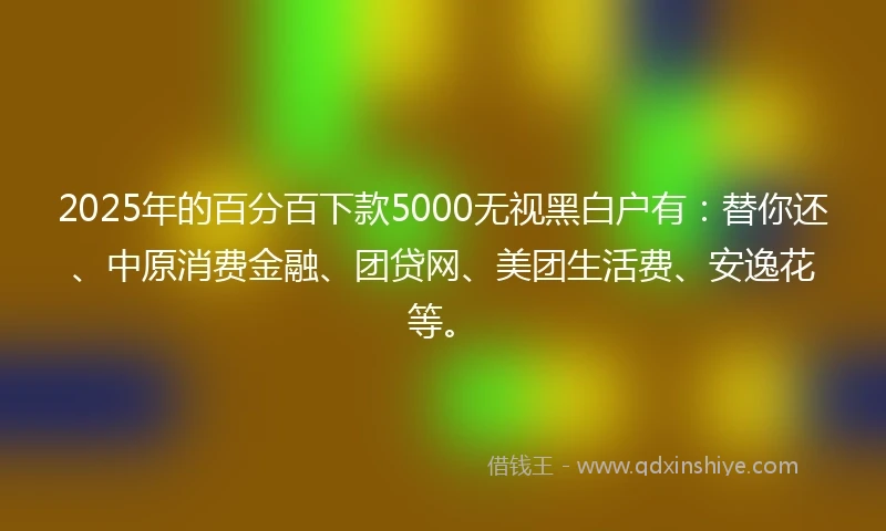 2025年的百分百下款5000无视黑白户有：替你还、中原消费金融、团贷网、美团生活费、安逸花等。