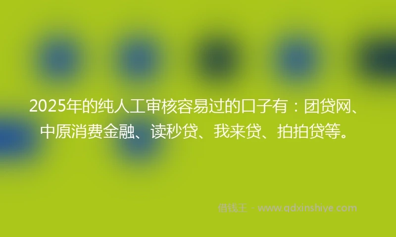 2025年的纯人工审核容易过的口子有：团贷网、中原消费金融、读秒贷、我来贷、拍拍贷等。