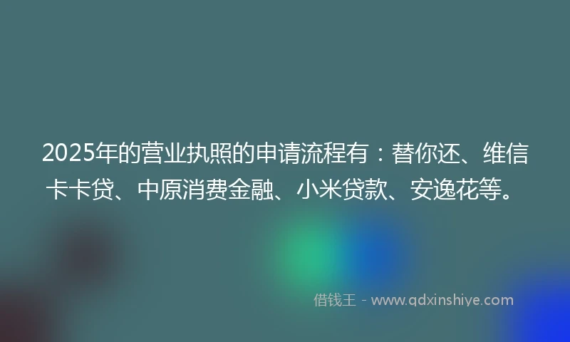2025年的营业执照的申请流程有：替你还、维信卡卡贷、中原消费金融、小米贷款、安逸花等。