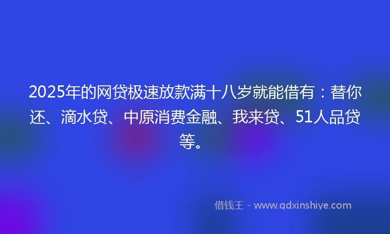 2025年的网贷极速放款满十八岁就能借有：替你还、滴水贷、中原消费金融、我来贷、51人品贷等。