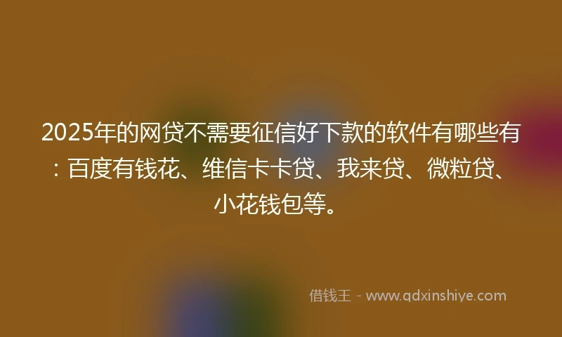 2025年的网贷不需要征信好下款的软件有哪些有：百度有钱花、维信卡卡贷、我来贷、微粒贷、小花钱包等。