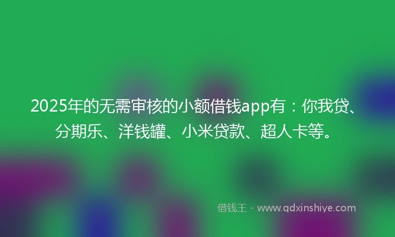 2025年的无需审核的小额借钱app有：你我贷、分期乐、洋钱罐、小米贷款、超人卡等。