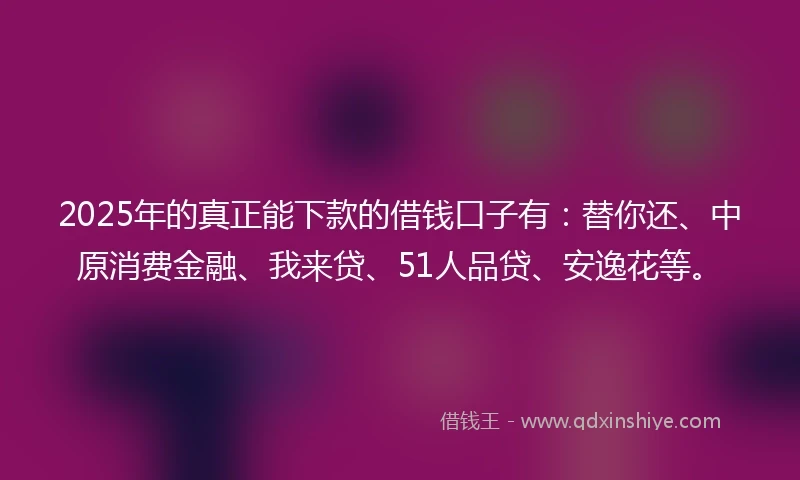 2025年的真正能下款的借钱口子有：替你还、中原消费金融、我来贷、51人品贷、安逸花等。