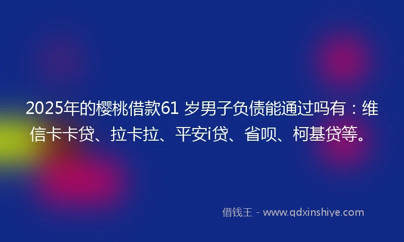 2025年的樱桃借款61 岁男子负债能通过吗有：维信卡卡贷、拉卡拉、平安i贷、省呗、柯基贷等。