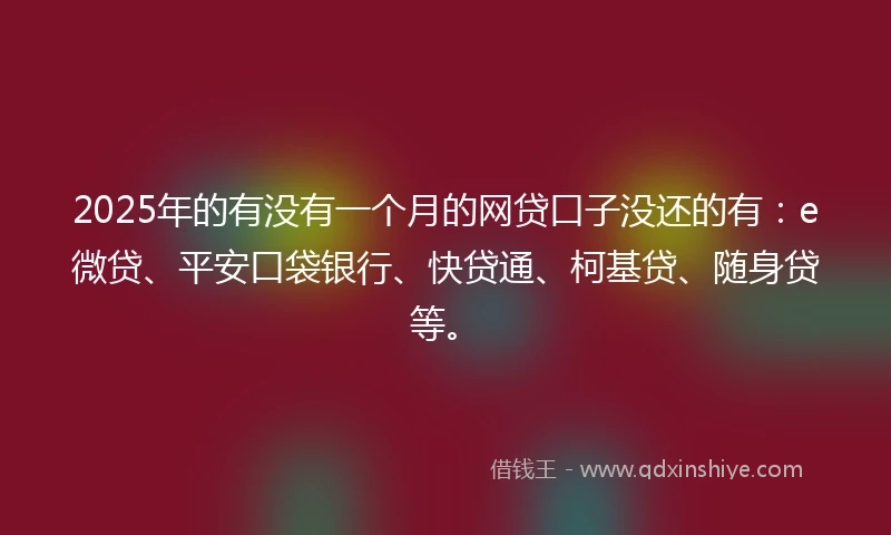 2025年的有没有一个月的网贷口子没还的有：e微贷、平安口袋银行、快贷通、柯基贷、随身贷等。