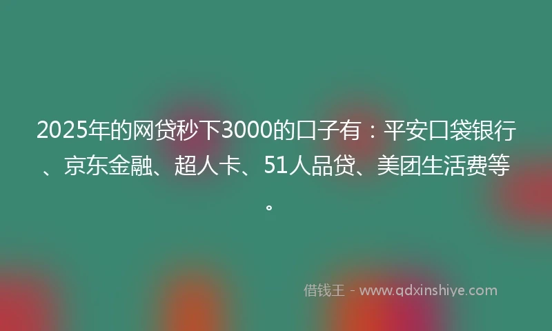2025年的网贷秒下3000的口子有：平安口袋银行、京东金融、超人卡、51人品贷、美团生活费等。