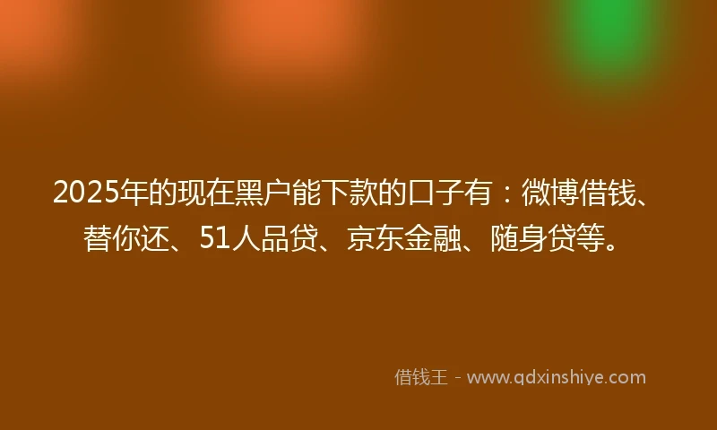 2025年的现在黑户能下款的口子有：微博借钱、替你还、51人品贷、京东金融、随身贷等。