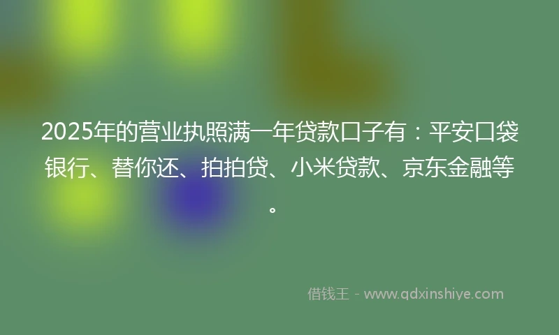 2025年的营业执照满一年贷款口子有：平安口袋银行、替你还、拍拍贷、小米贷款、京东金融等。