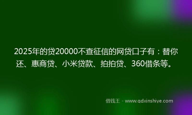 2025年的贷20000不查征信的网贷口子有：替你还、惠商贷、小米贷款、拍拍贷、360借条等。