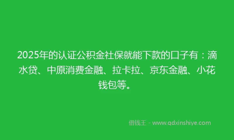 2025年的认证公积金社保就能下款的口子有：滴水贷、中原消费金融、拉卡拉、京东金融、小花钱包等。