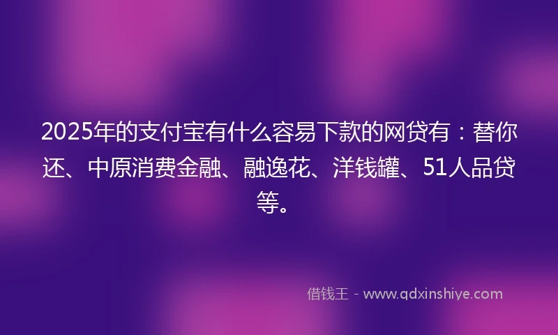 2025年的支付宝有什么容易下款的网贷有：替你还、中原消费金融、融逸花、洋钱罐、51人品贷等。