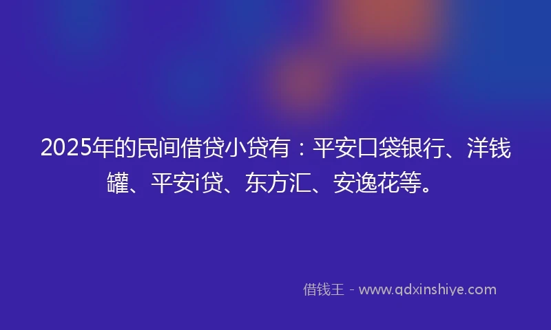 2025年的民间借贷小贷有：平安口袋银行、洋钱罐、平安i贷、东方汇、安逸花等。