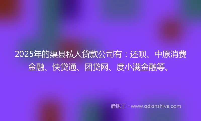 2025年的渠县私人贷款公司有：还呗、中原消费金融、快贷通、团贷网、度小满金融等。
