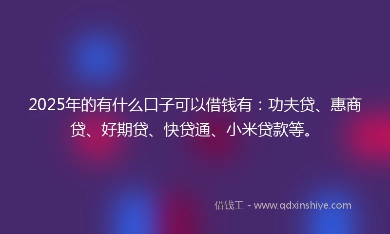 2025年的有什么口子可以借钱有：功夫贷、惠商贷、好期贷、快贷通、小米贷款等。