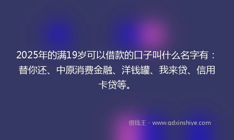 2025年的满19岁可以借款的口子叫什么名字有：替你还、中原消费金融、洋钱罐、我来贷、信用卡贷等。