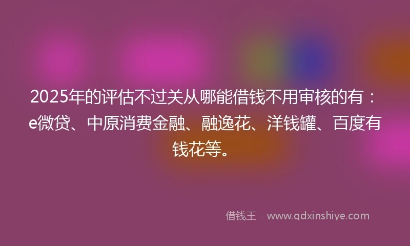 2025年的评估不过关从哪能借钱不用审核的有：e微贷、中原消费金融、融逸花、洋钱罐、百度有钱花等。