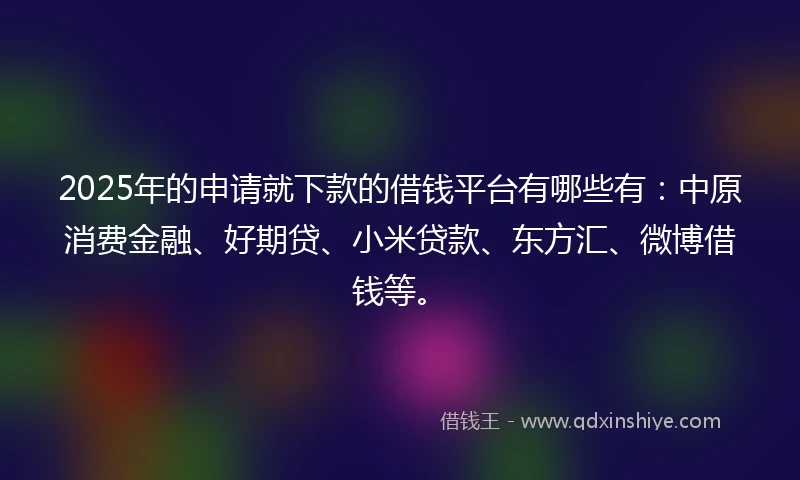2025年的申请就下款的借钱平台有哪些有：中原消费金融、好期贷、小米贷款、东方汇、微博借钱等。